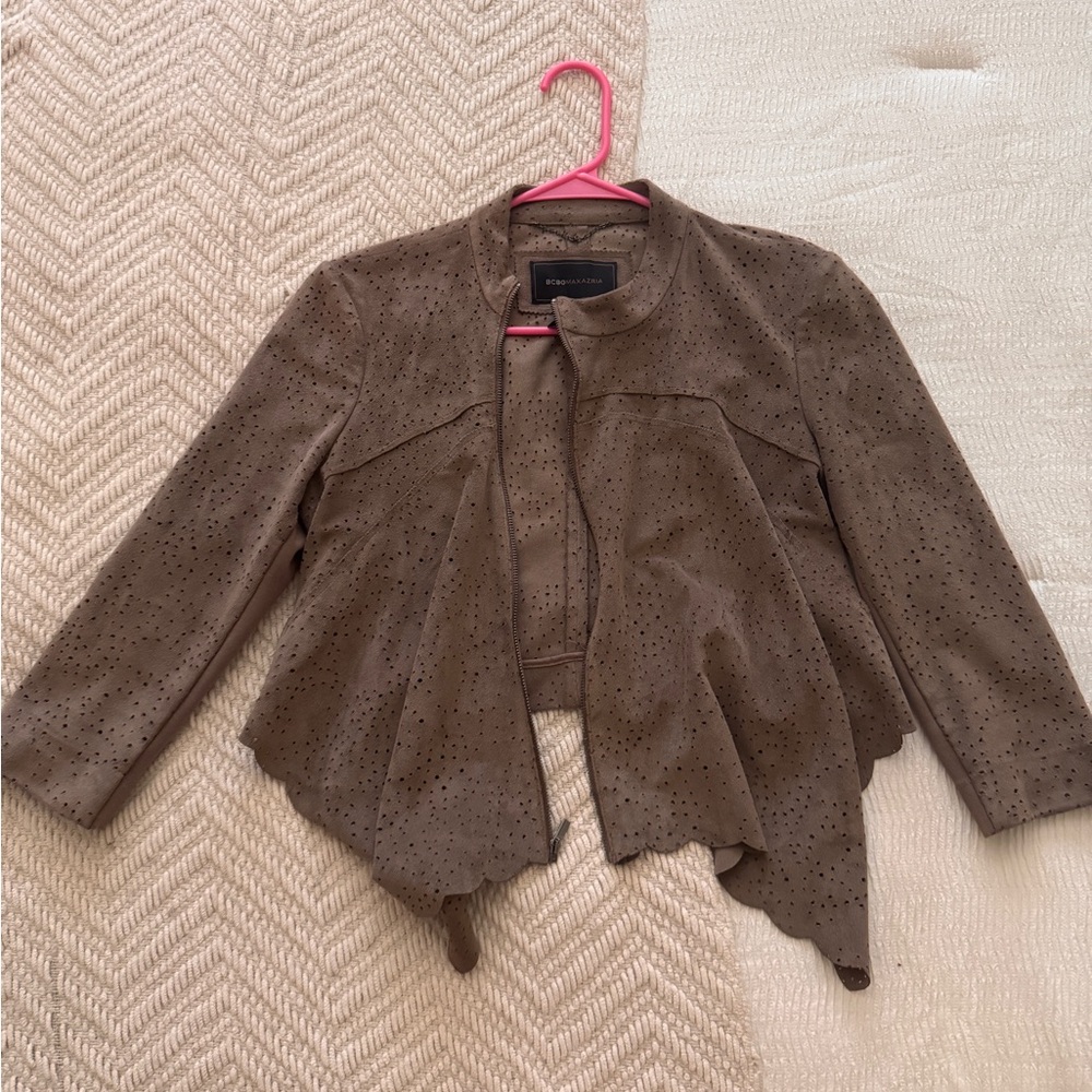 BCBGMaxAzria Taupe Suede Jacket with Perforated Design